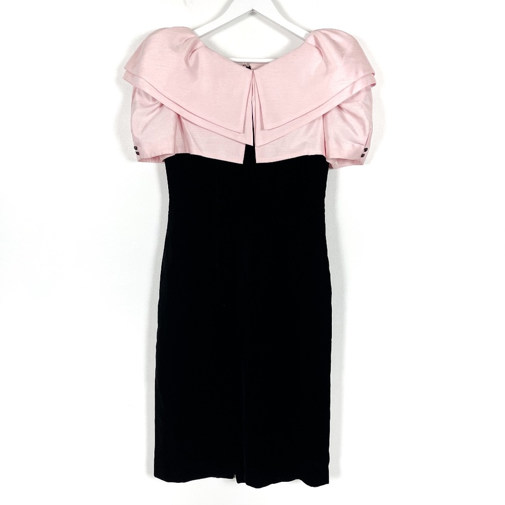 Vintage Pink and Black Velvet Fitted Midi Dress